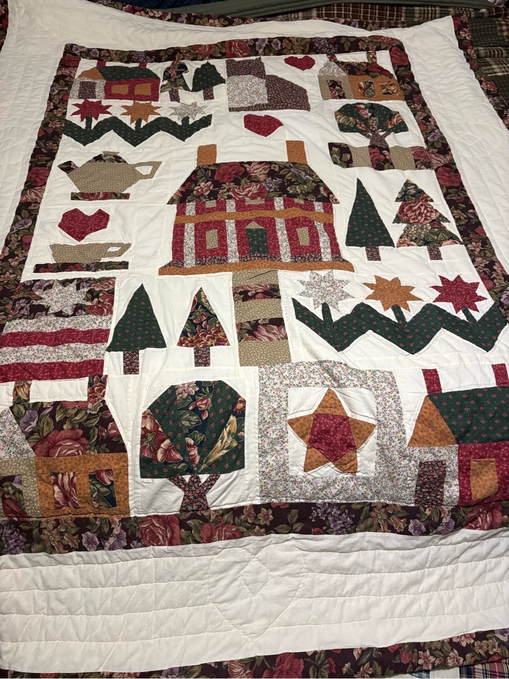 Handmade Patchwork Farmhouse Quilt - White with Green, Red, Brown Accents